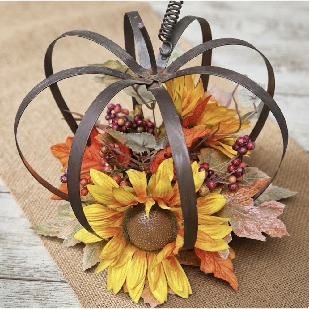 Rustic Metal Wire Pumpkin Fall Autumn Decor Sunflower Berries Centerpiece 10